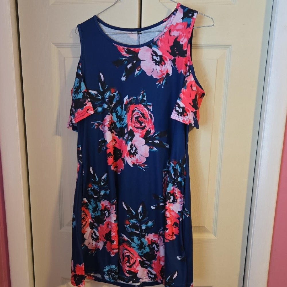 Floral Cold Shoulder Dress - Blue and Pink